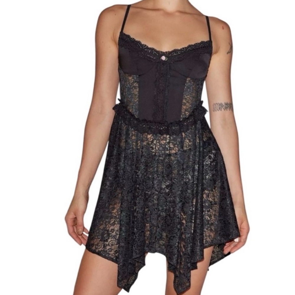 80s Black Lace Asymmetrical Chemise Lingerie Fairy Sheer Dress